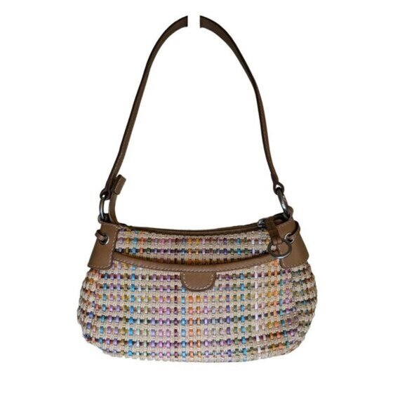 Fossil Handbags - Fossil Woven Jute Shoulder Bag Purse Tan Multicolor Straw Basket Weave Leather